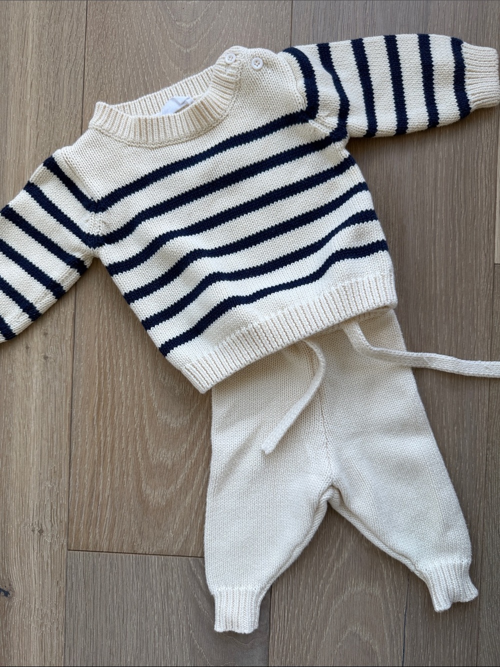 Minnow Cream and Navy Striped Knit Baby Set | 0-6m